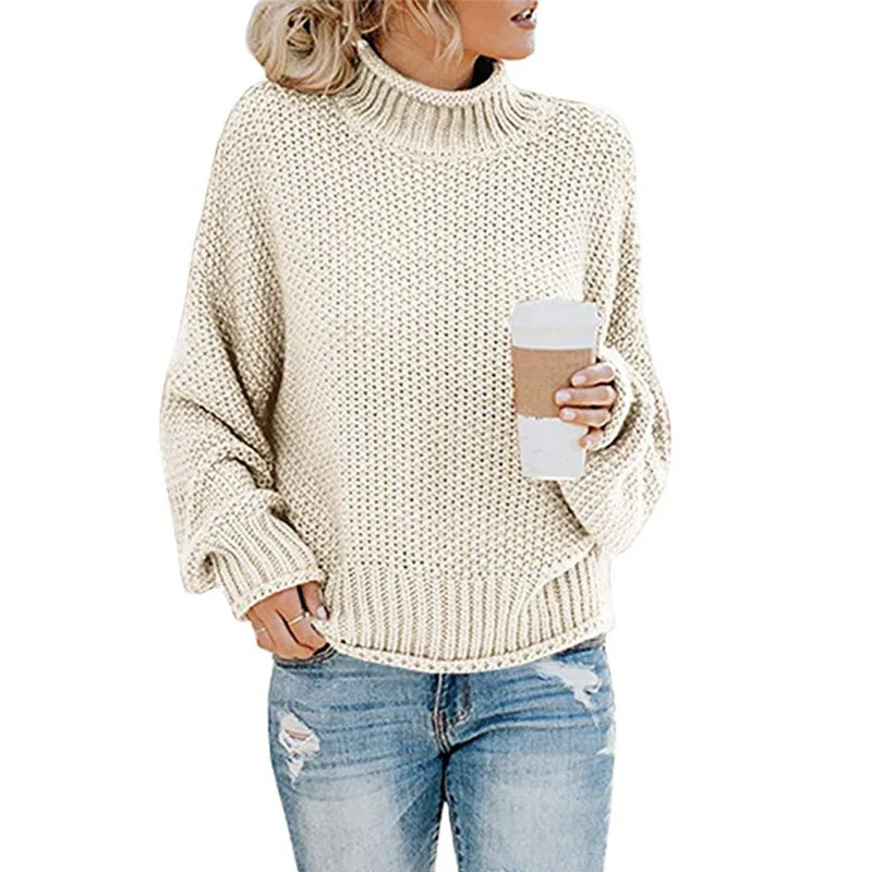 Women's Chunky Knitted Jumper with Roll Neck and Relaxed Fit