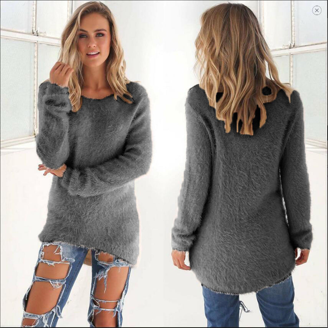Women's Longline Knitted Jumper with Round Neck and Relaxed Fit