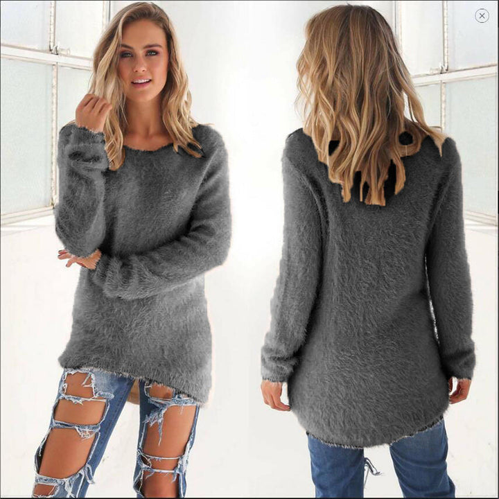 Women's Longline Knitted Jumper with Round Neck and Relaxed Fit