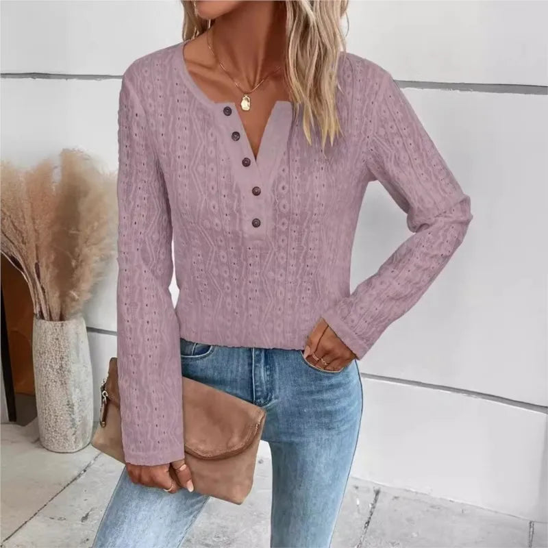 Women's Cable Knit Jumper with V Neck and Button Detail