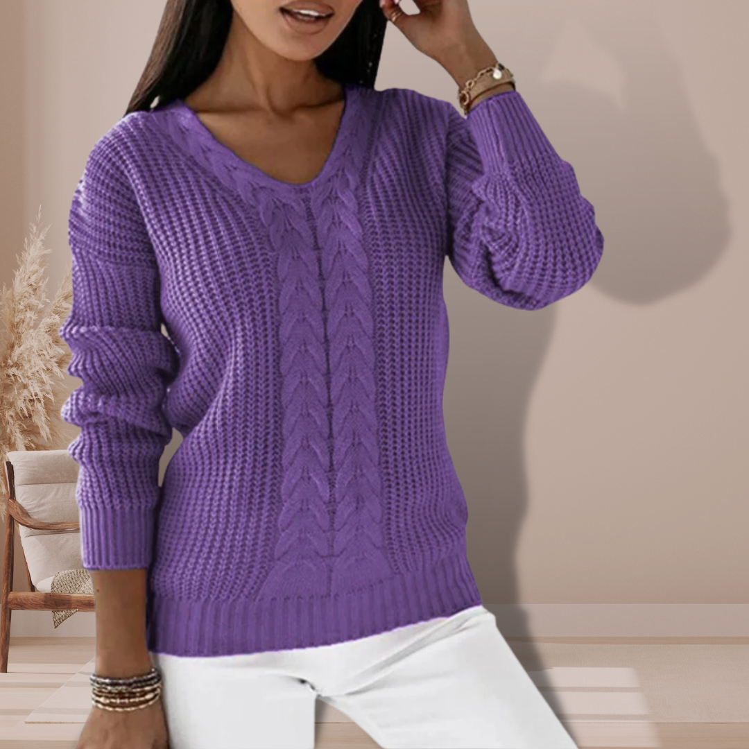 Women's Cable Knit Jumper with V Neck and Long Sleeves