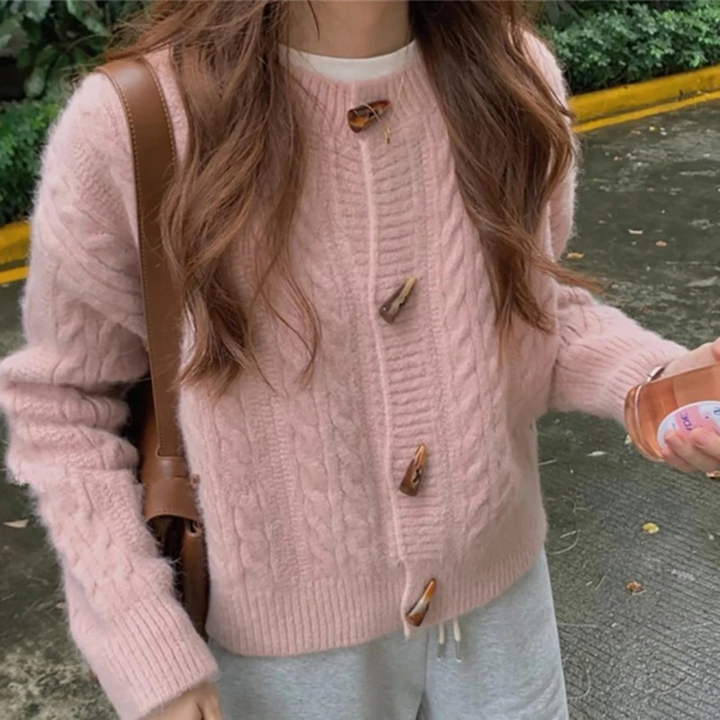 Women's Cable Knit Cardigan with Crew Neck and Button Front