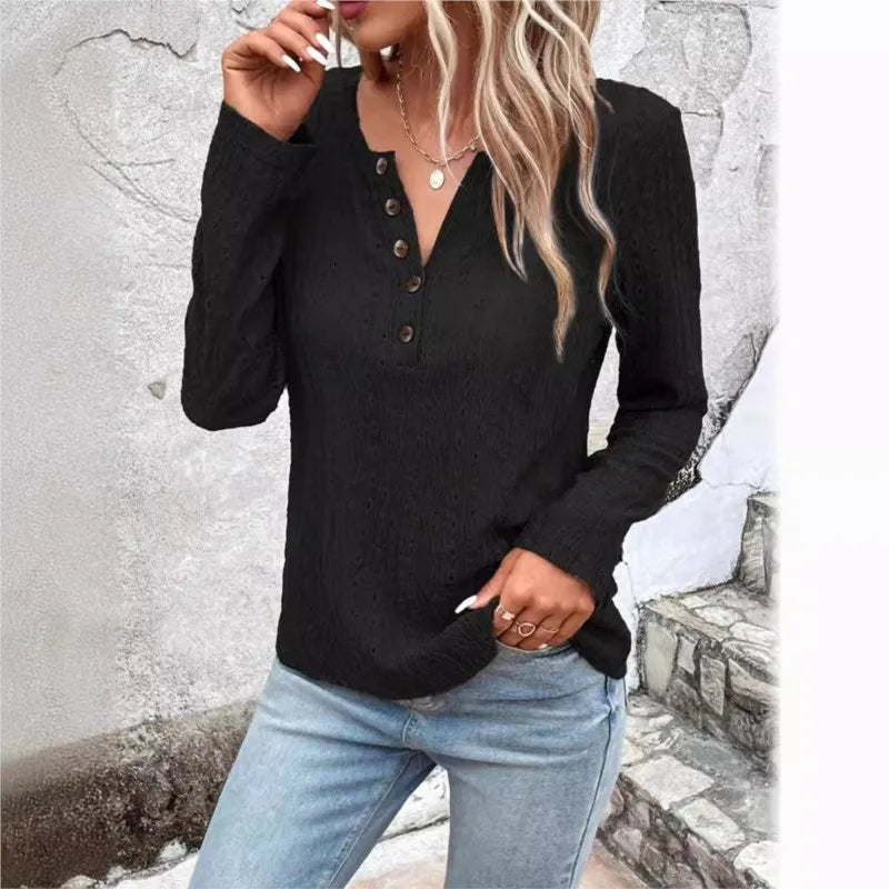 Women's Cable Knit Jumper with V Neck and Button Detail