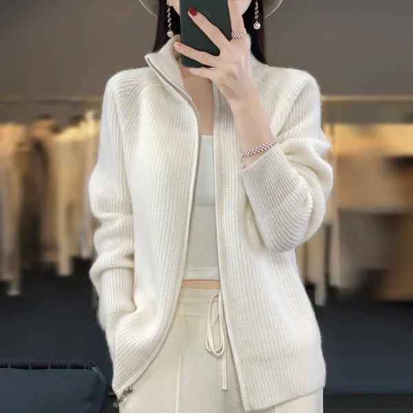 Women's Knitted Jumper with High Neck and Ribbed Texture