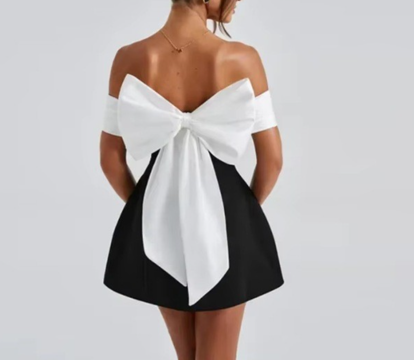 Women's Party Mini Dress with Off Shoulder Neckline and Contrast Trim