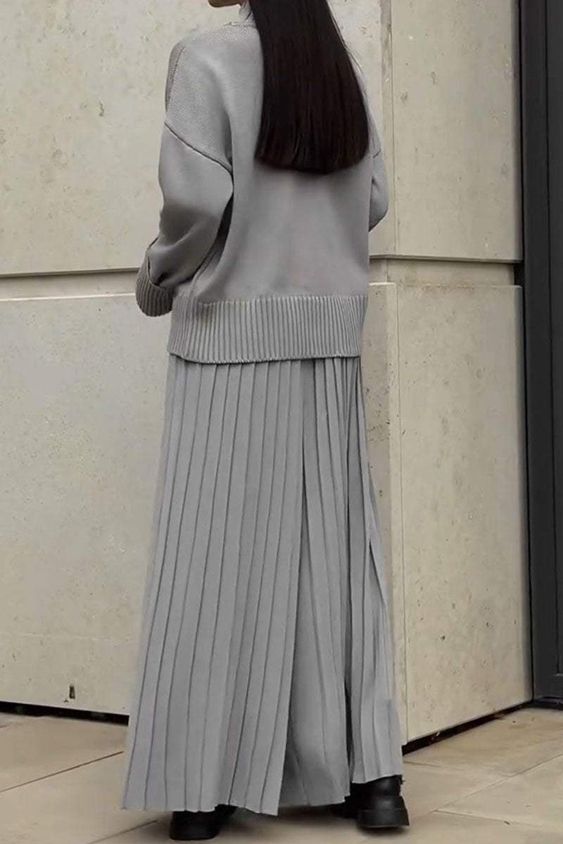 Women's Knitted Co-Ord Set with Long Sleeve Top and Pleated Wide Leg Trousers