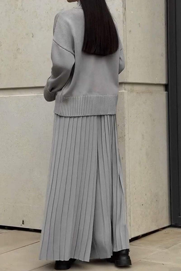 Women's Knitted Co-Ord Set with Long Sleeve Top and Pleated Wide Leg Trousers