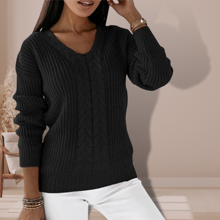 Women's Cable Knit Jumper with V Neck and Long Sleeves