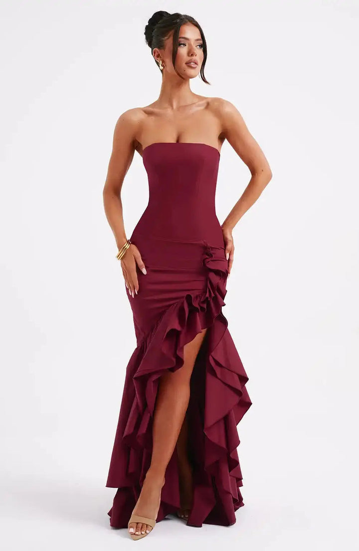 Women's Strapless Maxi Dress with Ruched Detail and Ruffle Hem