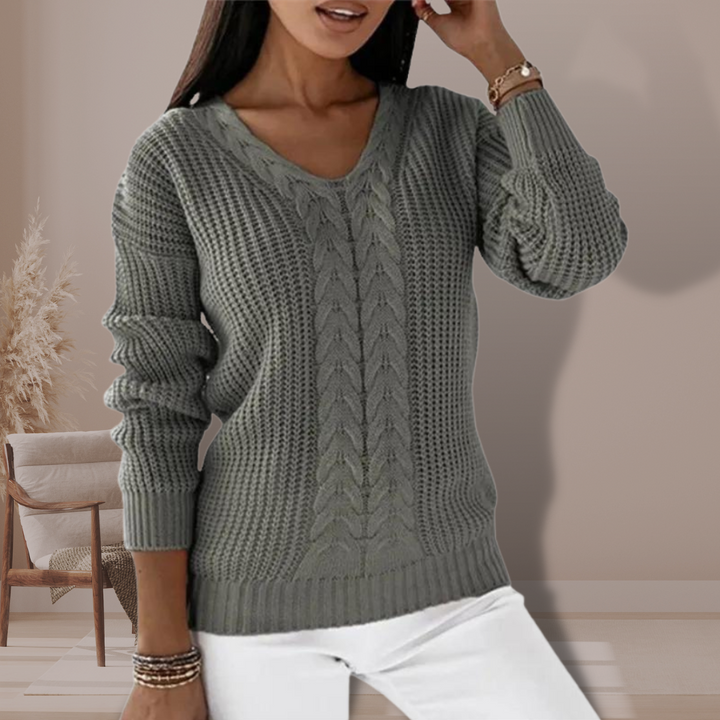 Women's Cable Knit Jumper with V Neck and Long Sleeves