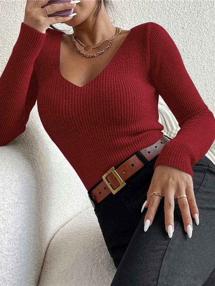Women's Ribbed Knitted Jumper with V Neck and Long Sleeves