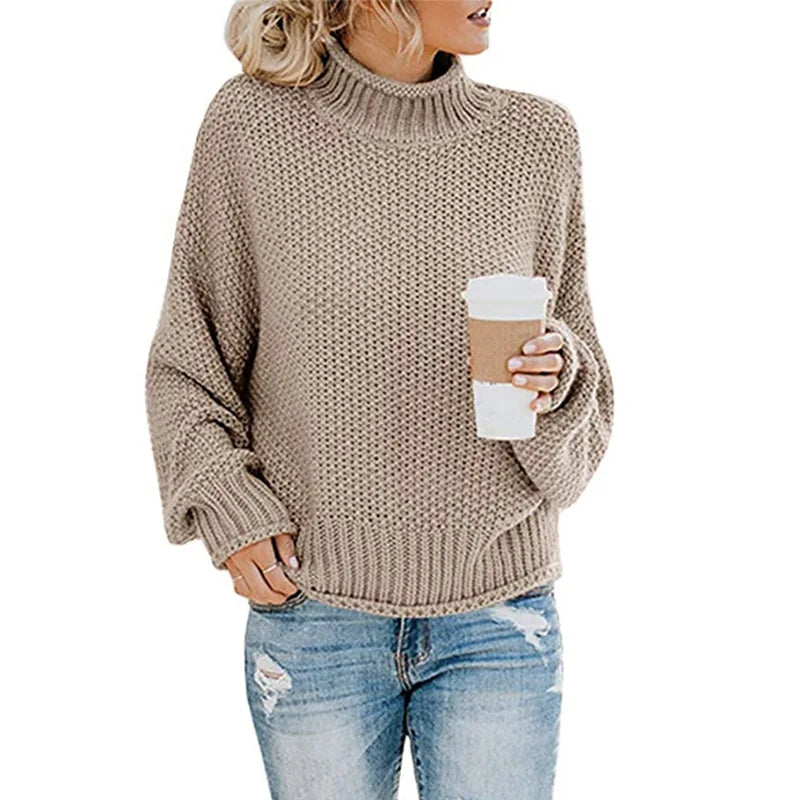 Women's Chunky Knitted Jumper with Roll Neck and Relaxed Fit
