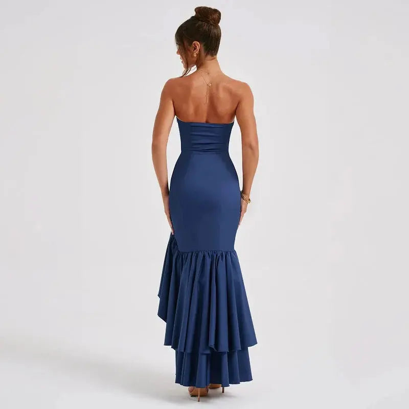 Women's Strapless Maxi Dress with Ruched Detail and Ruffle Hem