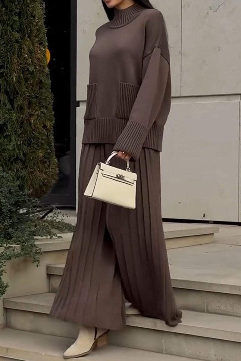 Women's Knitted Co-Ord Set with Long Sleeve Top and Pleated Wide Leg Trousers