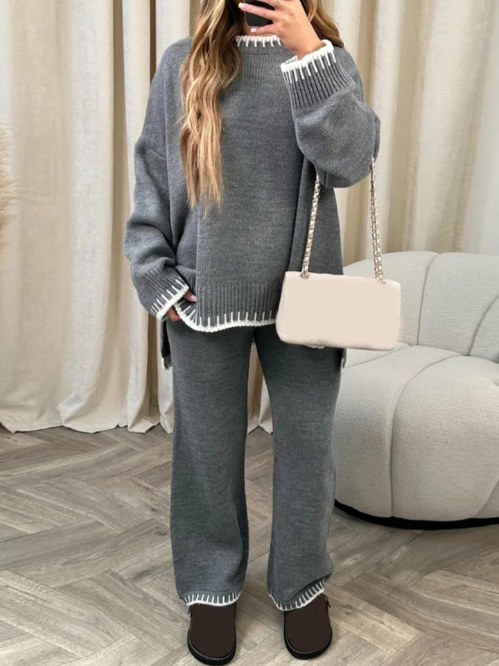 Women's Knit Co Ord Set with Contrast Trim Jumper and Wide Leg Trousers