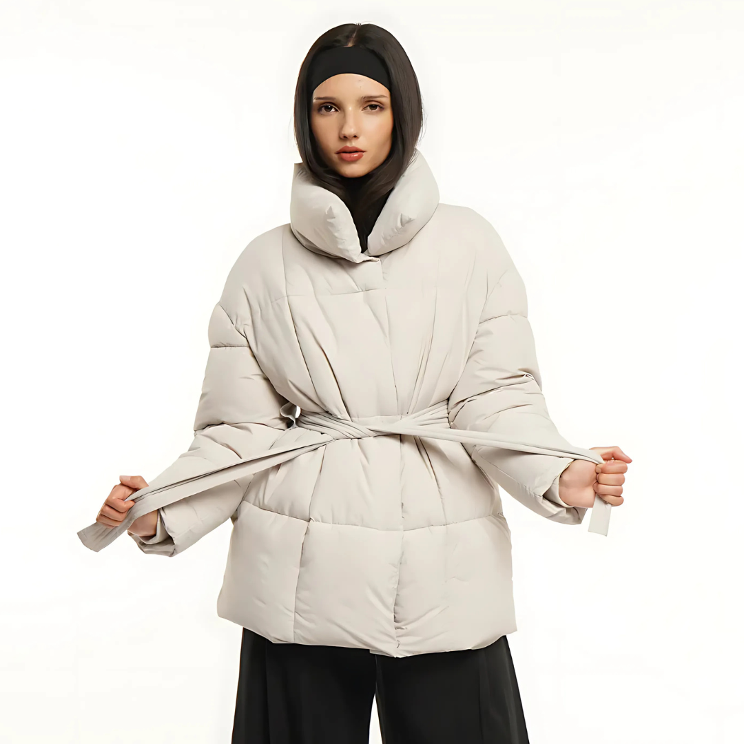 Women's Belted Puffer Jacket with High Collar and Quilted Design