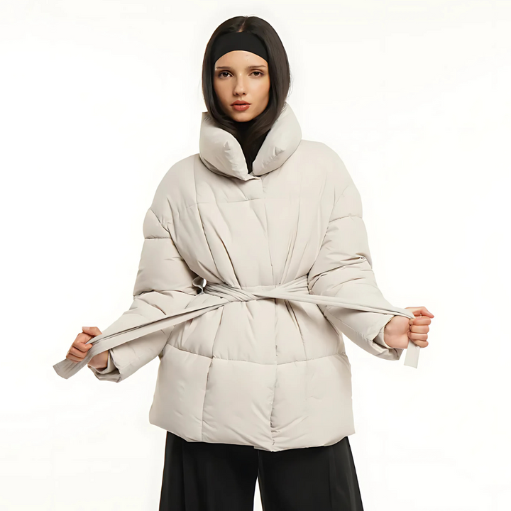 Women's Belted Puffer Jacket with High Collar and Quilted Design