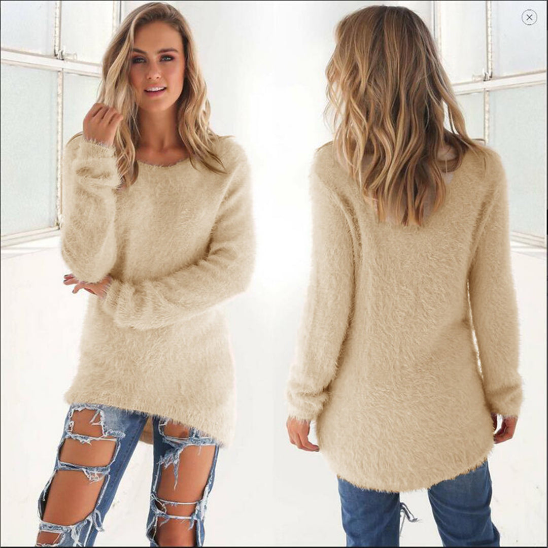 Women's Longline Knitted Jumper with Round Neck and Relaxed Fit