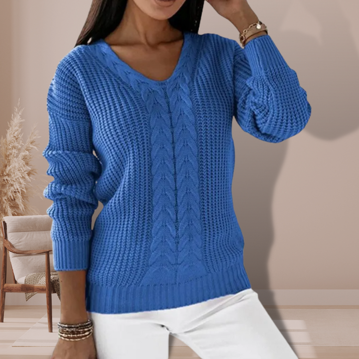 Women's Cable Knit Jumper with V Neck and Long Sleeves