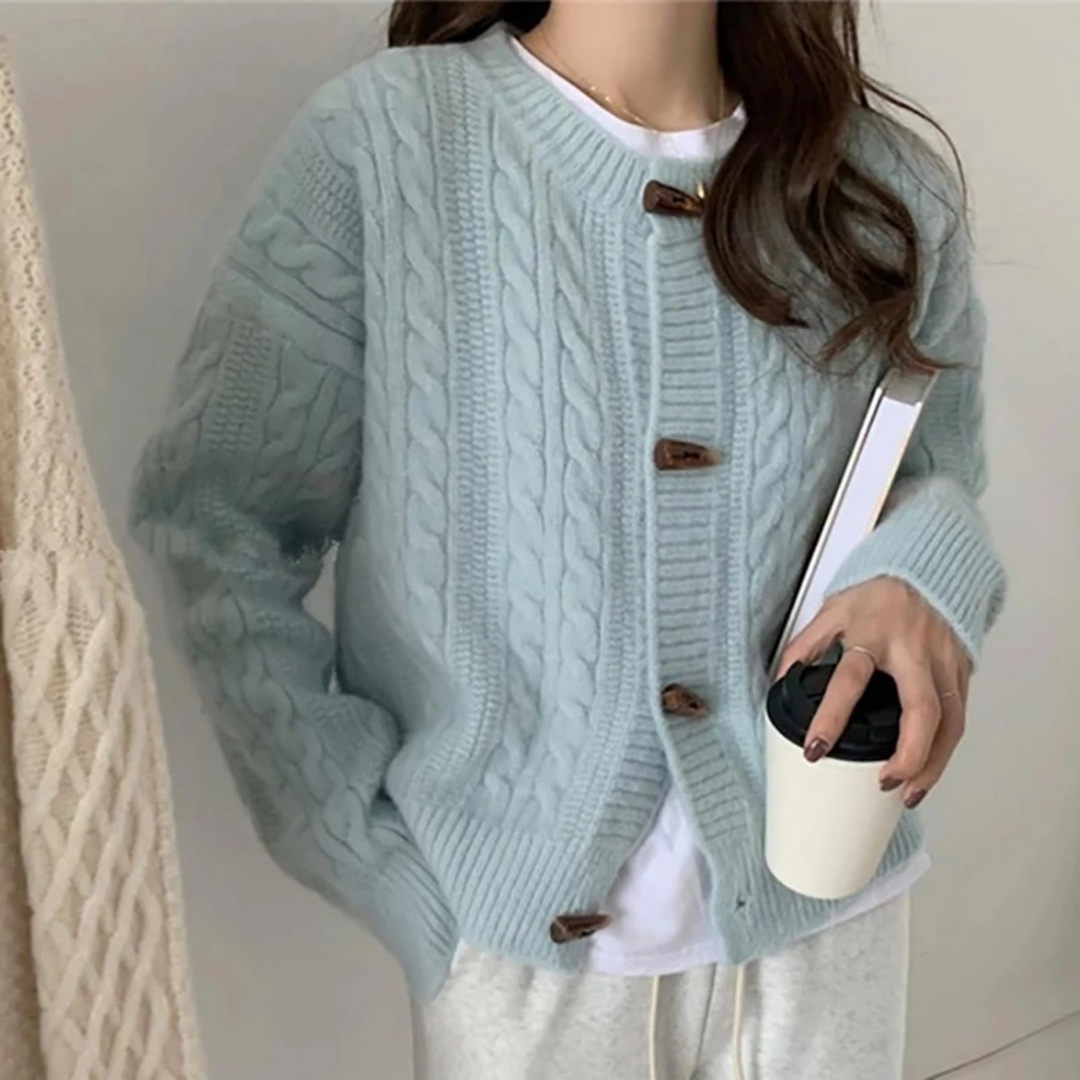 Women's Cable Knit Cardigan with Crew Neck and Button Front