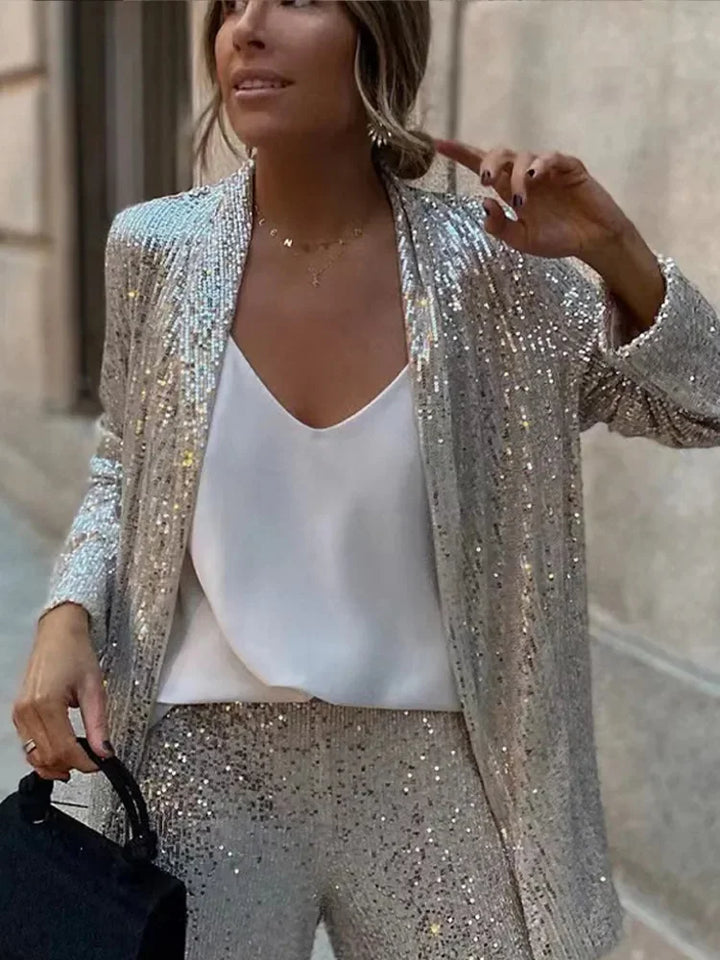 Women's Sequin Co-Ord Set with Tailored Blazer and Wide Leg Trousers