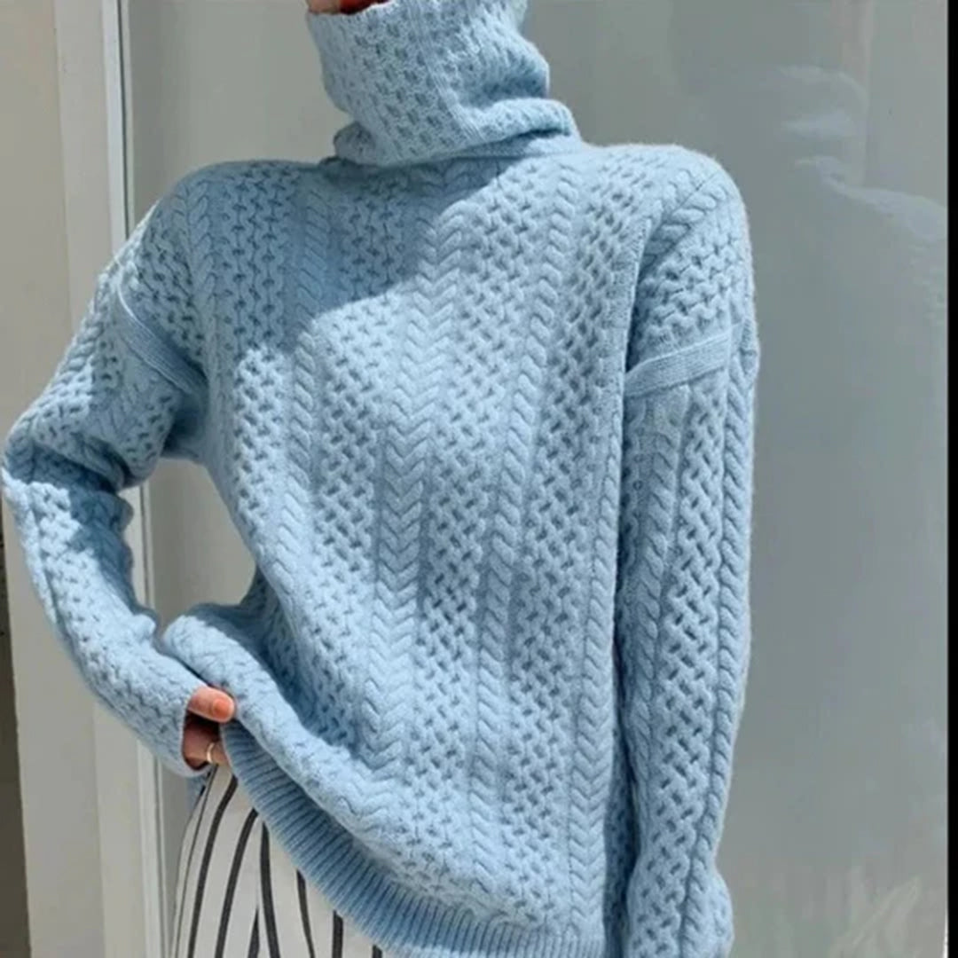 Women's Cable Knit Jumper with Roll Neck and Long Sleeves