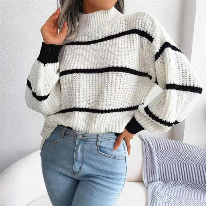 Women's Striped Turtleneck Jumper with Relaxed Fit and Ribbed Knit