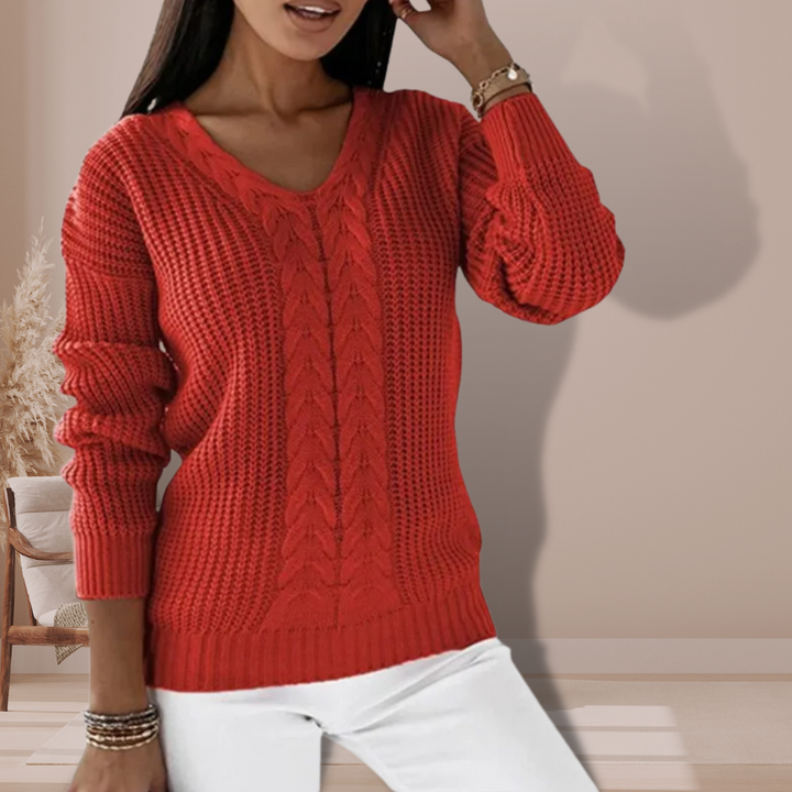 Women's Cable Knit Jumper with V Neck and Long Sleeves
