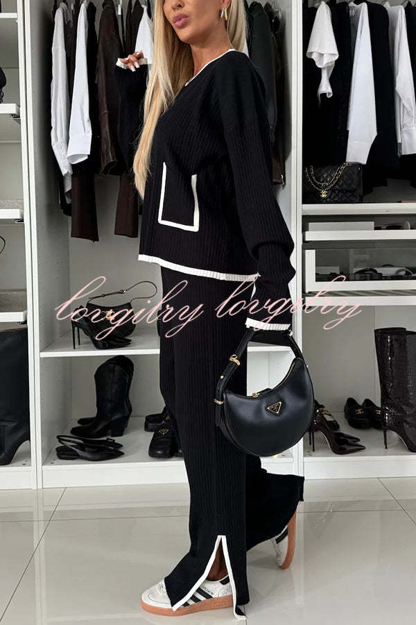 Women's Knitted Co-Ord Set with Button Front Cardigan and Wide Leg Trousers