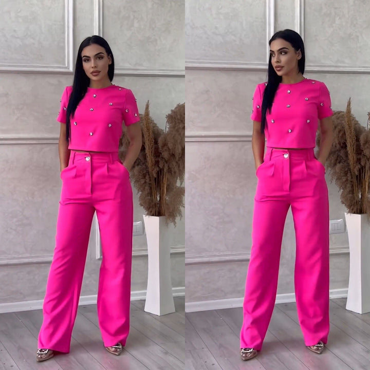 Women's Trouser Set with Short Sleeve Top and Wide Leg Trousers