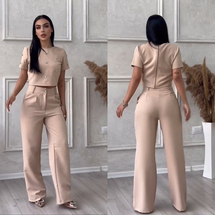 Women's Trouser Set with Short Sleeve Top and Wide Leg Trousers