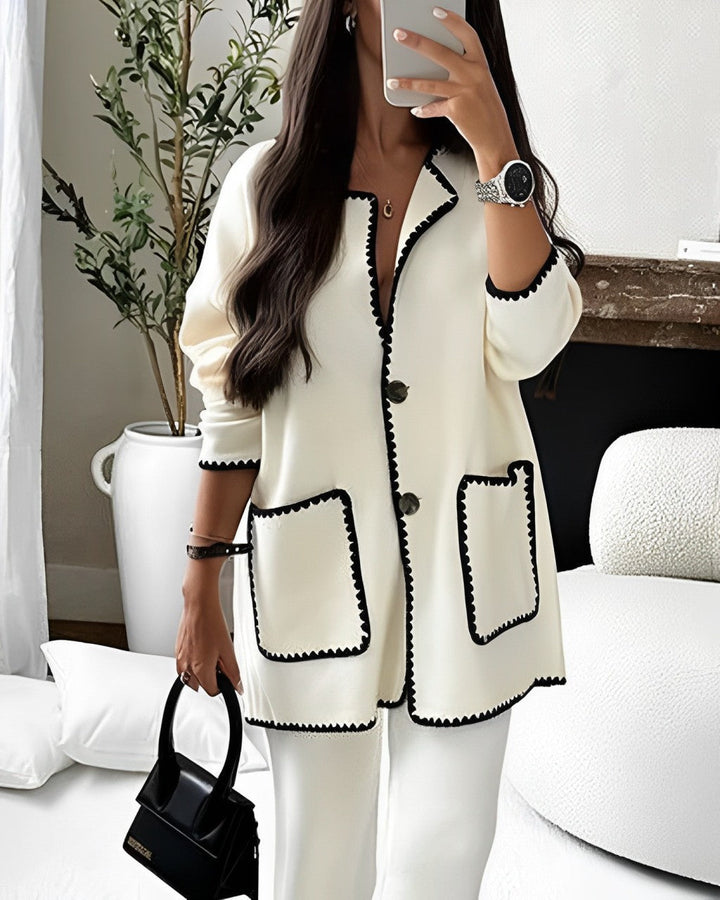 Women's Knit Cardigan with Contrast Trim and Front Pockets