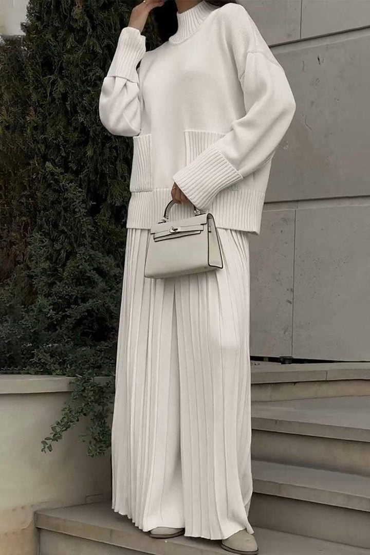 Women's Knitted Co-Ord Set with Long Sleeve Top and Pleated Wide Leg Trousers