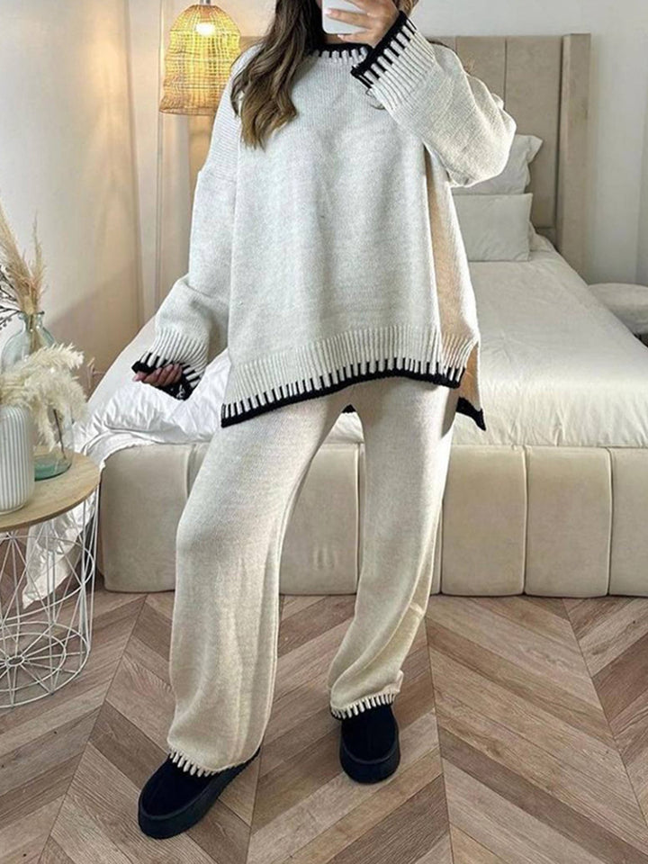 Women's Knit Co Ord Set with Contrast Trim Jumper and Wide Leg Trousers