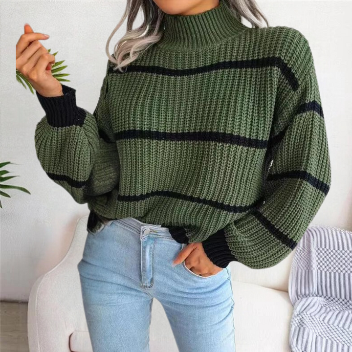 Women's Striped Turtleneck Jumper with Relaxed Fit and Ribbed Knit