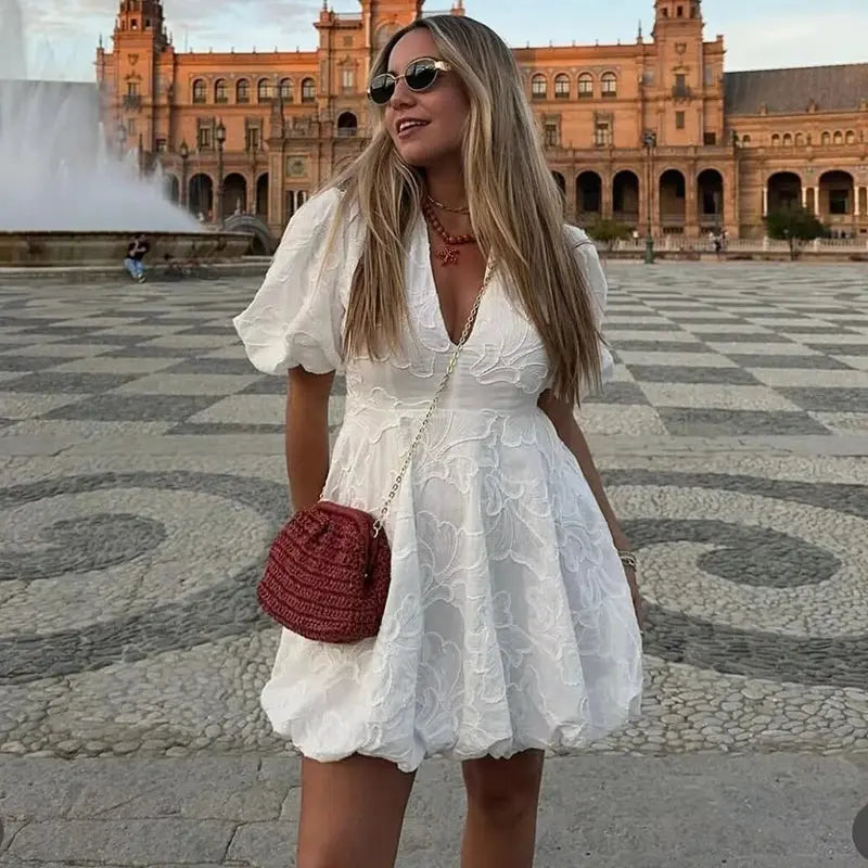 Women's Occasion Mini Dress with Floral Jacquard and Puff Sleeves