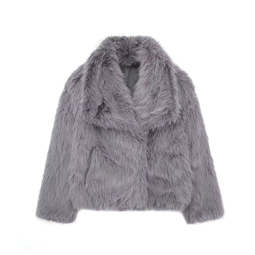 Women's Faux Fur Jacket with Oversized Collar and Relaxed Fit