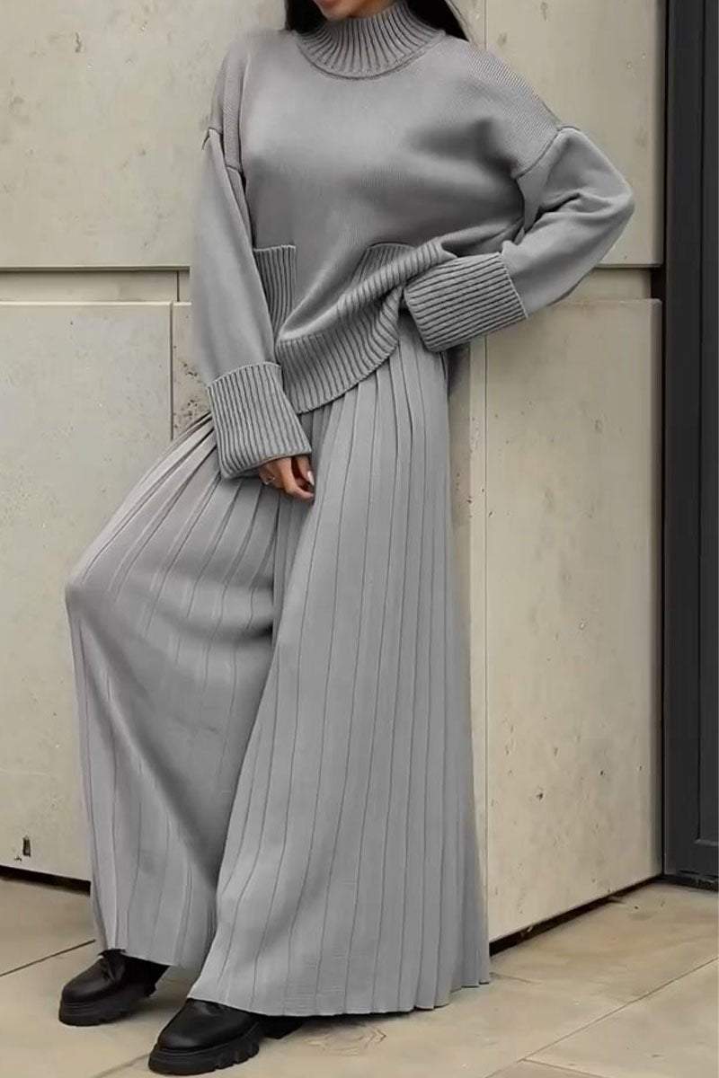 Women's Knitted Co-Ord Set with Long Sleeve Top and Pleated Wide Leg Trousers