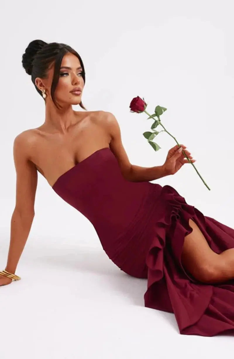 Women's Strapless Maxi Dress with Ruched Detail and Ruffle Hem