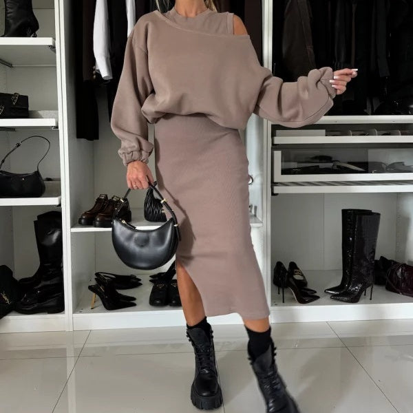 Women's Knit Co Ord Set with Cold Shoulder Jumper and Midi Skirt