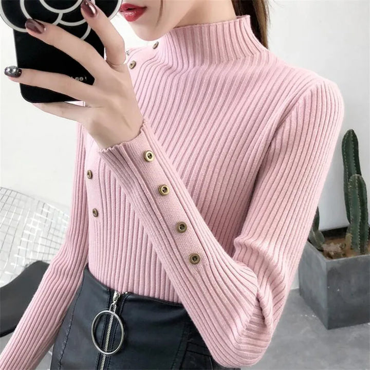 Women's Knitted Jumper with High Neck and Button Detail