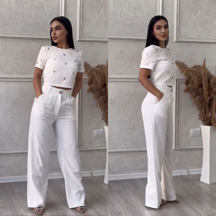 Women's Trouser Set with Short Sleeve Top and Wide Leg Trousers