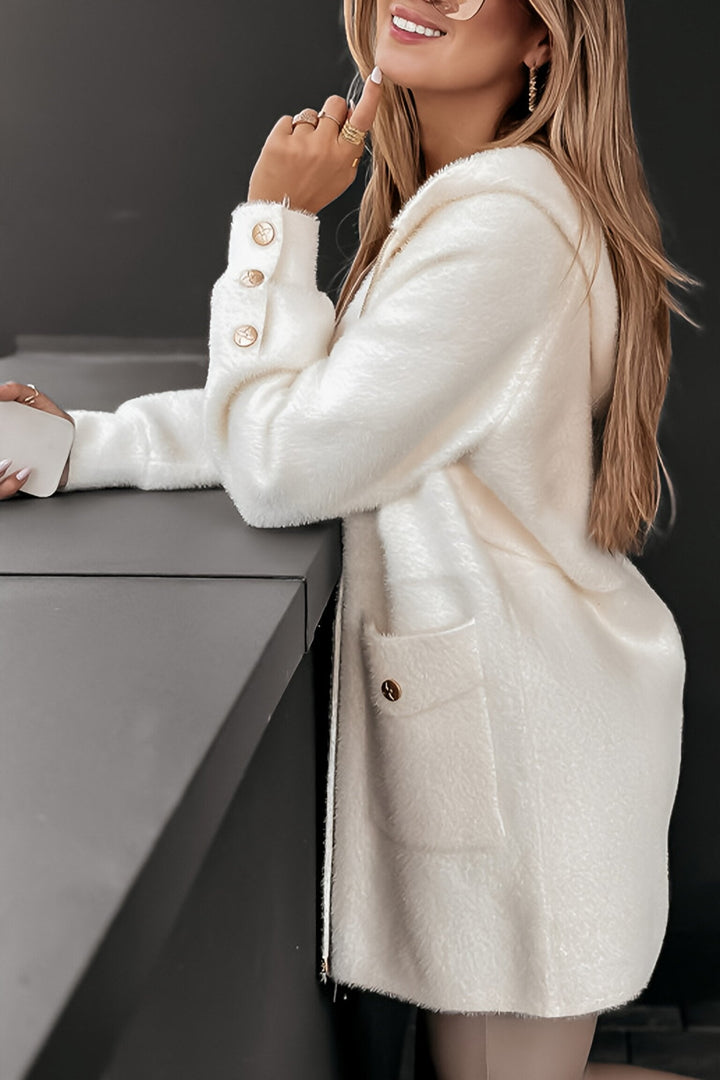 Women's Hooded Coat with Faux Fur Trim and Button Detail