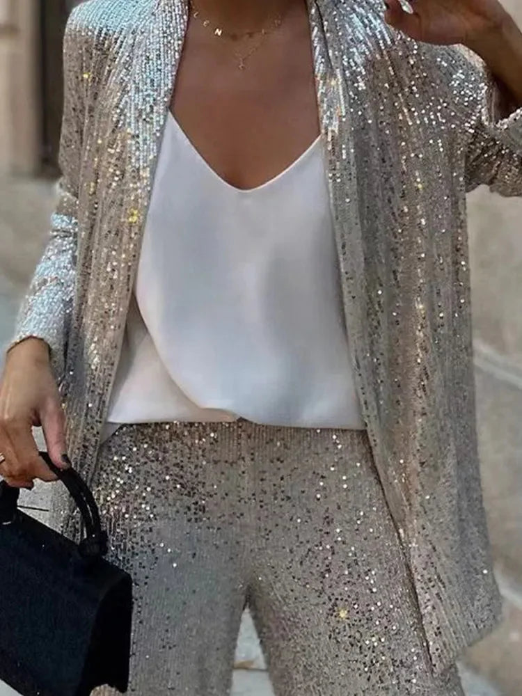Women's Sequin Co-Ord Set with Tailored Blazer and Wide Leg Trousers