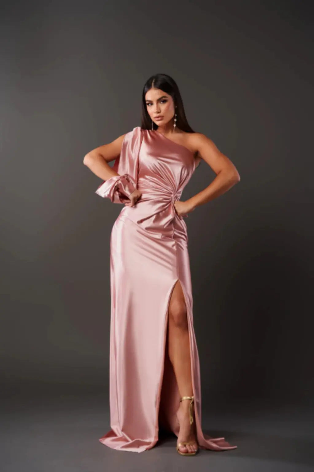 Women's One Shoulder Maxi Dress with Ruched Waist and Thigh Split