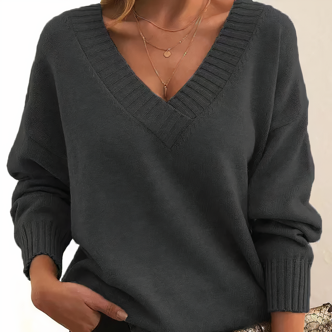 Women's Knitted Jumper with V Neck and Relaxed Fit