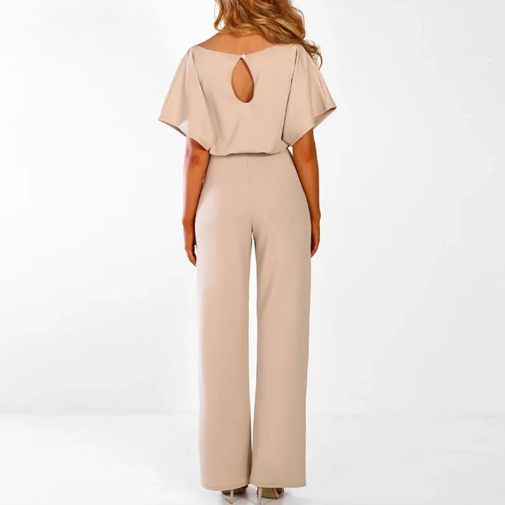 Women's Short Sleeve Jumpsuit with Belted Waist and Wide Leg Design