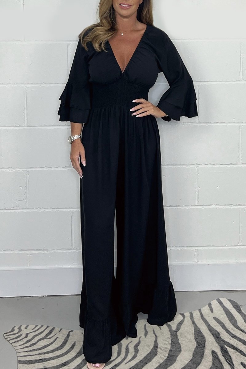 Women's Wrap Front Jumpsuit with Flared Sleeves and Wide Leg Design