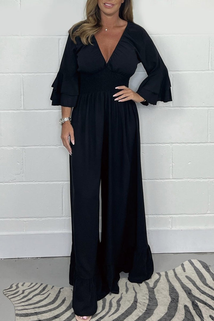 Women's Wrap Front Jumpsuit with Flared Sleeves and Wide Leg Design