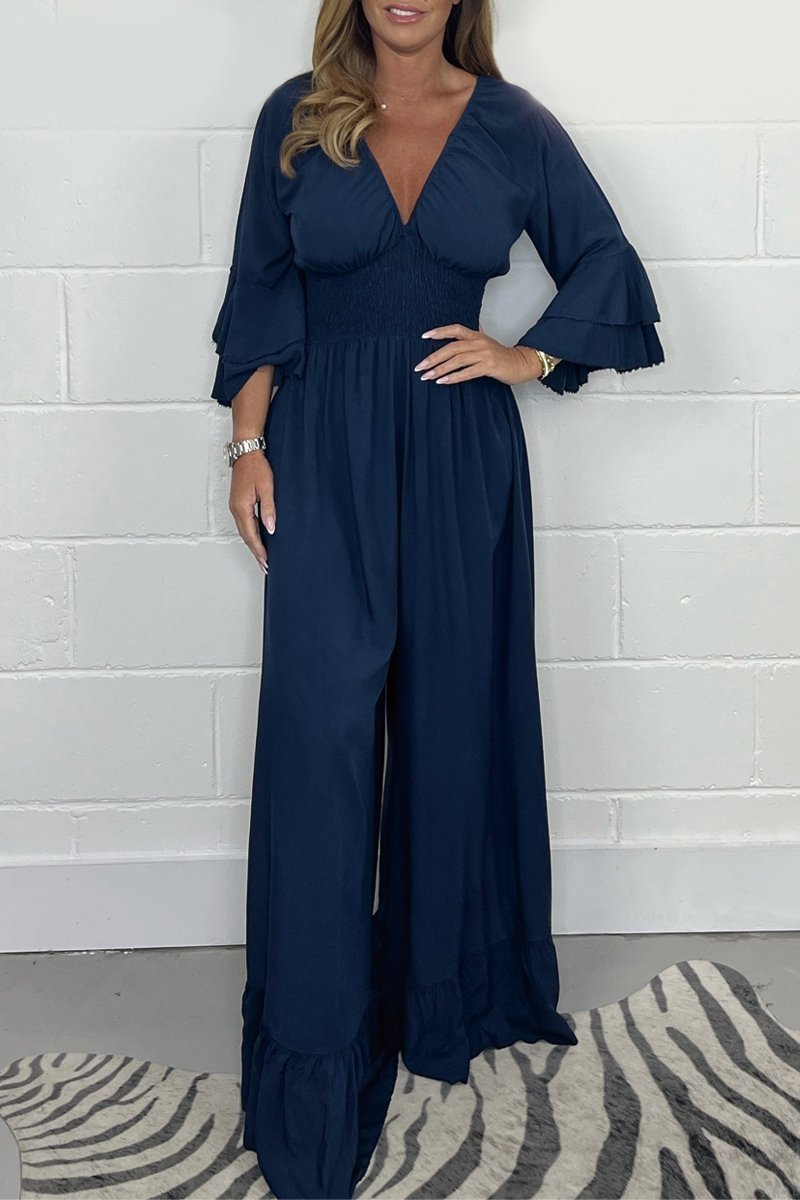 Women's Wrap Front Jumpsuit with Flared Sleeves and Wide Leg Design